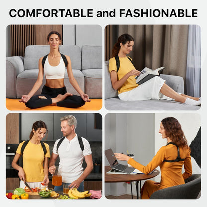 Collage of a woman in different settings wearing a yellow top with black straps.