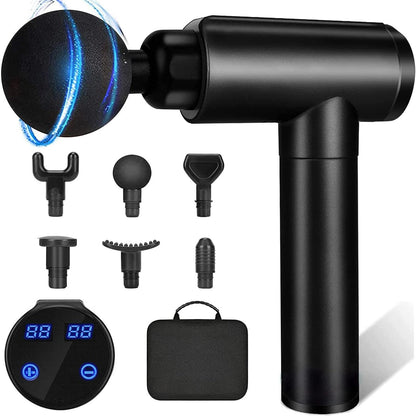 Black massage gun with attachments on a white background