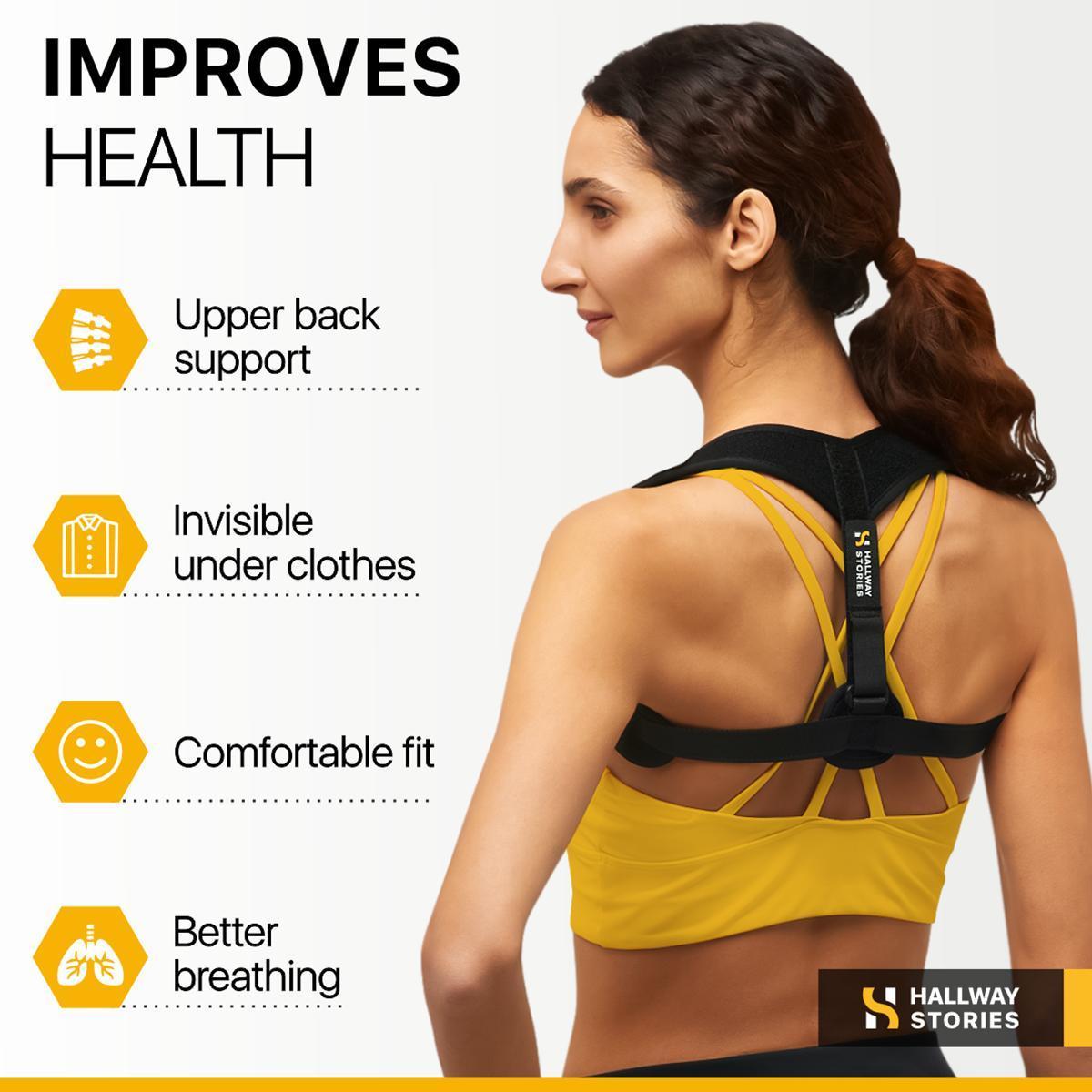 Woman wearing a back support brace with features listed on a white background