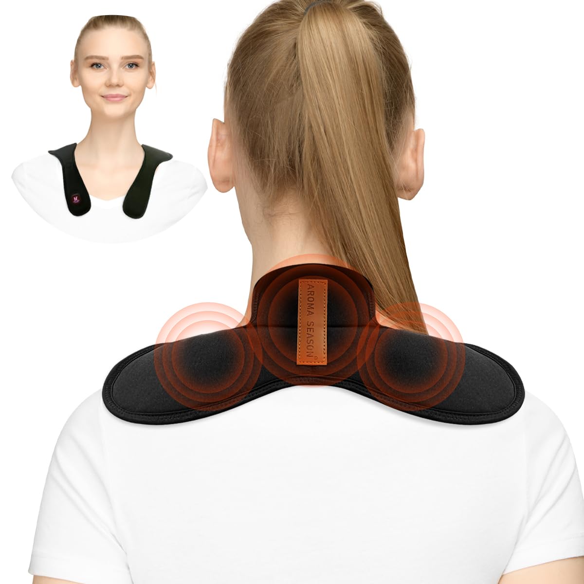 Person wearing a black neck and shoulder massager with a close-up inset showing the product.