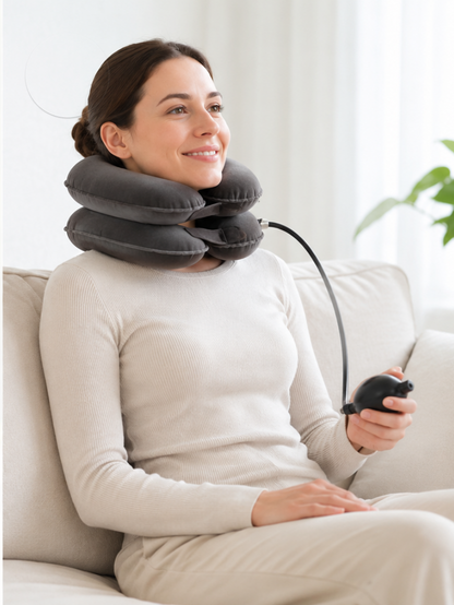 Woman using cervical neck traction device sitting on sofa smiling

