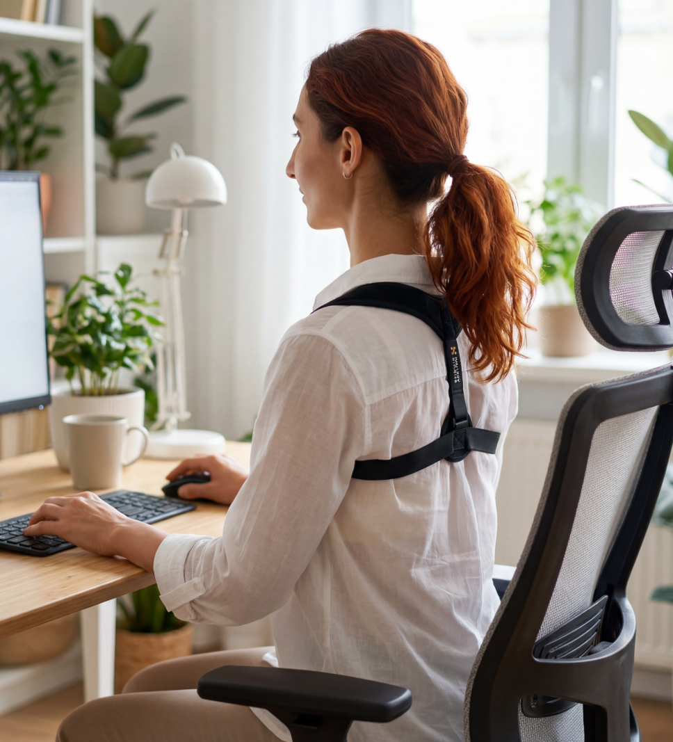 Person wearing a back brace while sitting at a desk in a bright room with plants.