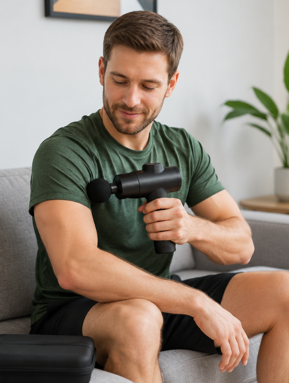 Man using a massage gun on his arm in a living room setting