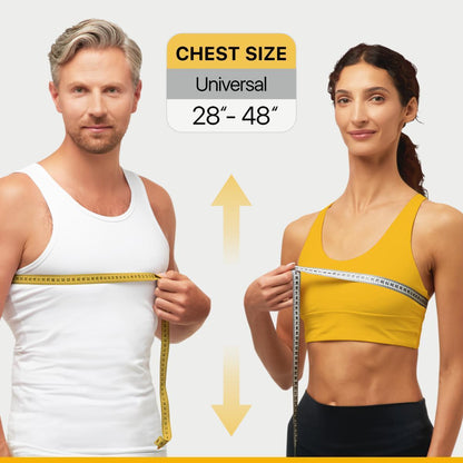 Man and woman measuring chest size with text indicating universal size range.