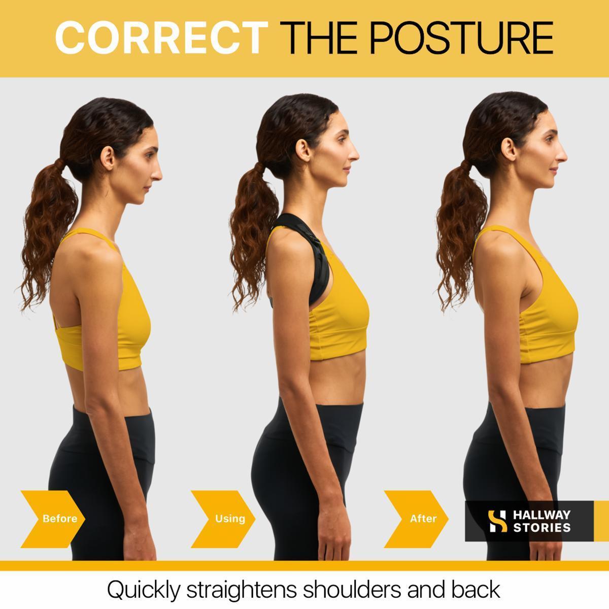 Illustration of a woman showing correct posture before, during, and after using a product, with 'Hallway Stories' branding.