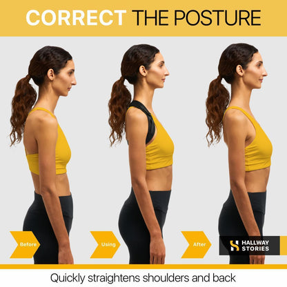Illustration of a woman showing correct posture before, during, and after using a product, with 'Hallway Stories' branding.