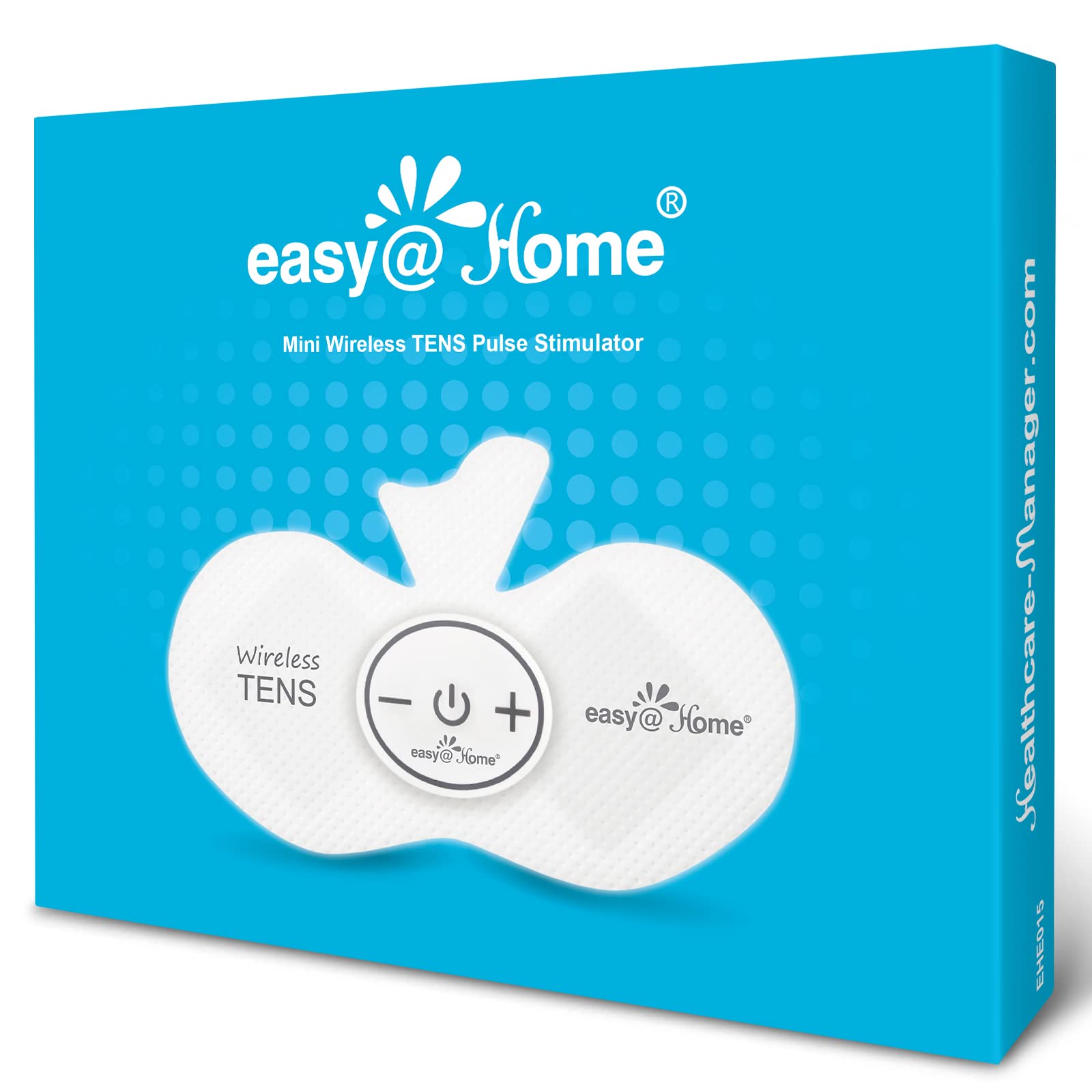Box of easy@Home Mini Wireless TENS Pulse Stimulator on a blue background
