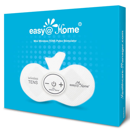Box of easy@Home Mini Wireless TENS Pulse Stimulator on a blue background